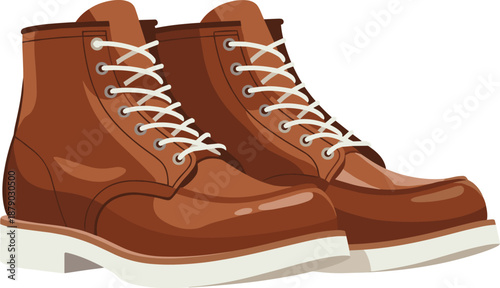 Brown leather boots illustration, white sole and lace detail, rugged outdoor footwear style - flat vector illustration