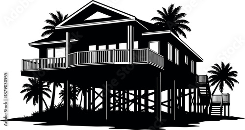 A tropical beach house on stilts with palm trees