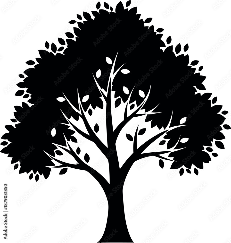 Obraz premium A black silhouette of a tree with a thick trunk and leafy branches against a white background