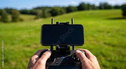 Cuadro en lienzo Hands Holding Drone Remote Controller with Smartphone in Green Nature