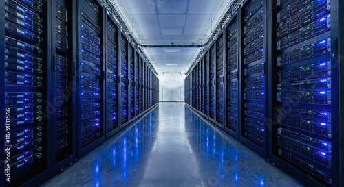 Photos Data Center Server Room Featuring Rows of Racks with Blue LED Lights