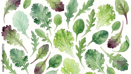 Vibrant Watercolor Salad Greens Assortment on White Background