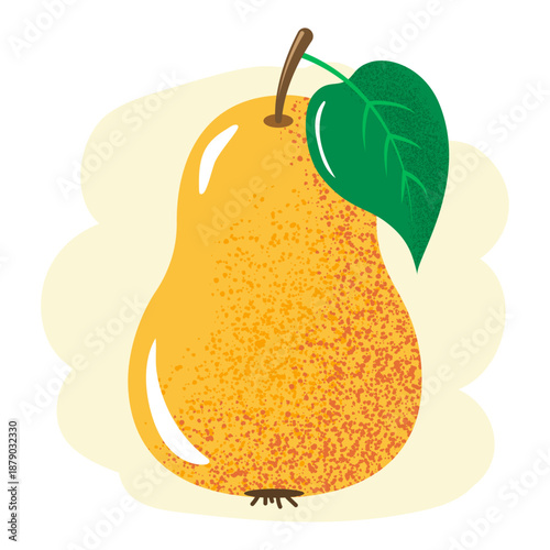 Ripe pear with a green leaf in a grainy texture on a marker-drawn background. Vector illustration.
