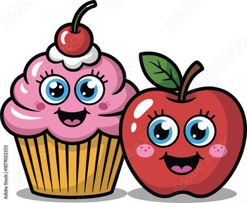 Cupcake and apple with faces on white background