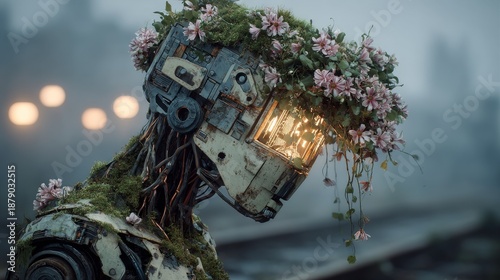 Rusty robot head covered in moss and flowers.
