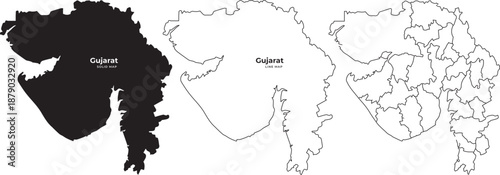 Gujarat india state maps in black and white line styles vector illustration set