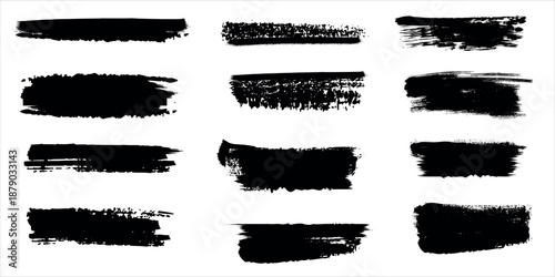 Collection of black brush strokes on white background for art and design