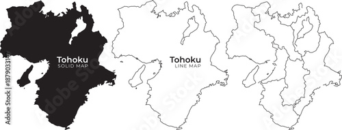 Tohoku region map illustrations in black and white japan with solid and line styles for design use