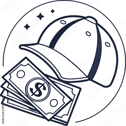 Money and Baseball Cap: A money bills alongside a baseball cap in a simple, sleek illustration, capturing themes of finance and leisure.