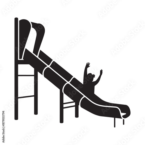 A simple black and white illustration of a child sliding down a tube