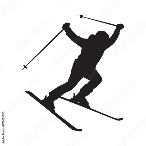 Silhouette of a skier in motion dynamically descending a snowy slope