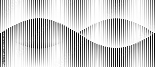 Abstract optical illusion with vertical black lines forming a wave-like shape. Geometric distortion creates a hidden sinusoidal pattern through contrast and spacing. Minimal black and white design.