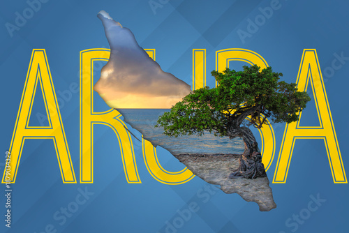 Cuadro en lienzo Aruba island map with divi-divi tree sunset beach