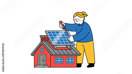 Installing Solar Panels on a House Roof - Sustainable Energy Illustration