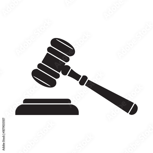 A simple black silhouette of a gavel resting on a sound block