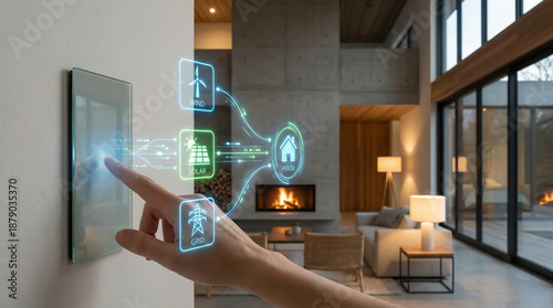 Smart home energy management system interface showing solar, wind and grid power control in a modern living room