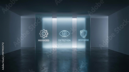 Cyber Security Managed Detection and Response Concept with Glowing Icons on Glass Panels in Modern Dark Room