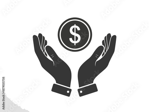 Black and white icon of hands cupped with a dollar coin above them
