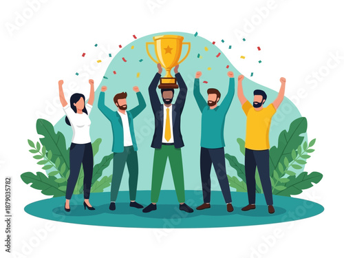 Group of diverse people celebrating with trophy in a colorful illustration