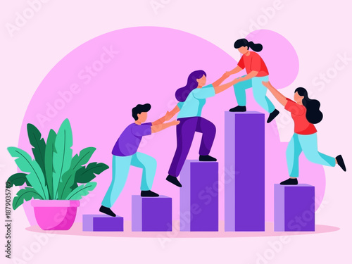 A group of people working together to climb up purple bar graph with a plant on side in a colorful illustration