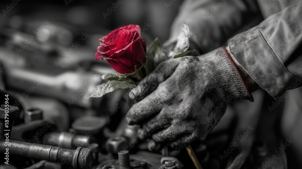 Obraz premium Mechanic Holding Fresh Red Rose Against Auto Work Background Captures Beauty in a Gritty Environment