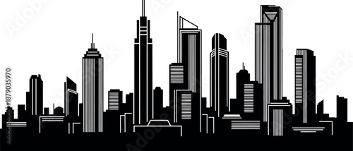 A black and white city skyline silhouette with tall skyscrapers and buildings