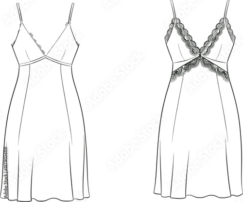Slip dress fashion sketch, women garment illustration, spaghetti strap design, lace detail drawing, fitted bodice apparel concept, stylish clothing art