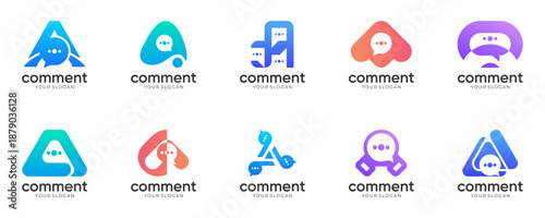 Set of Modern Letter A Chat logo design inspirations. Abstract vector of Initial and Speech Bubble for Technology and Communication, colourful icon template.