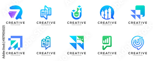 Set of Abstract Financial Trading Graph with Speech Bubble logo design inspirations. Creative vector of Digital Marketing Growth and Communication, modern blue cyan gradient icon template.