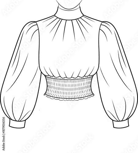 Women blouse fashion sketch, technical garment illustration, high neckline design, voluminous sleeves drawing, smocked waist detail, stylish apparel concept, clothing art