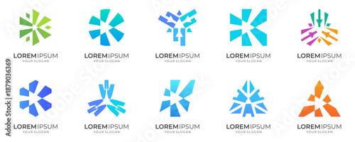 Set of Abstract Geometric Arrow and Triangle logo design inspirations. Creative vector of Corporate Identity Branding Icons for Business, Startup and Technology, modern colourful icon template.