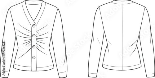 Women's cardigan fashion illustration, technical garment sketch, front and back view, V-neckline design, button closure, ruched detail apparel drawing