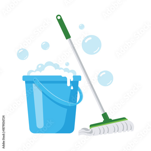 Colorful cleaning service supplies mop bucket soap bubbles vector