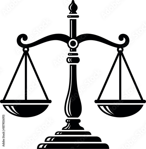 A black and white illustration of a balance scale symbolizing justice and equality
