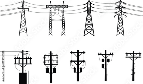 Electric power transmission tower and utility pole silhouettes set, high voltage lines, energy infrastructure elements, black silhouettes, isolated white background