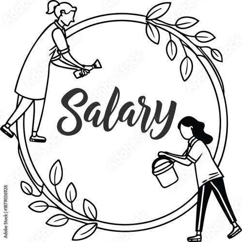 Salary: Artwork capturing the essence of 'Salary' features artistic line drawings representing financial transactions, rewards, and the cycle of earnings within a company.
