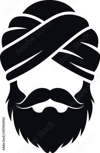 A black and white illustration of a man's face with a beard and turban