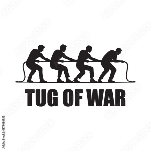 Silhouette of men engaged in a tug of war competition black and white