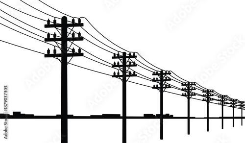 Electric utility pole silhouettes with long overhead power lines, energy transmission infrastructure, industrial network concept, black silhouettes, isolated on white background