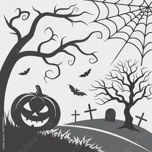 Spooky silhouette design featuring a carved jack-o-lantern, eerie bare trees, flying bats, and a large detailed spiderweb.