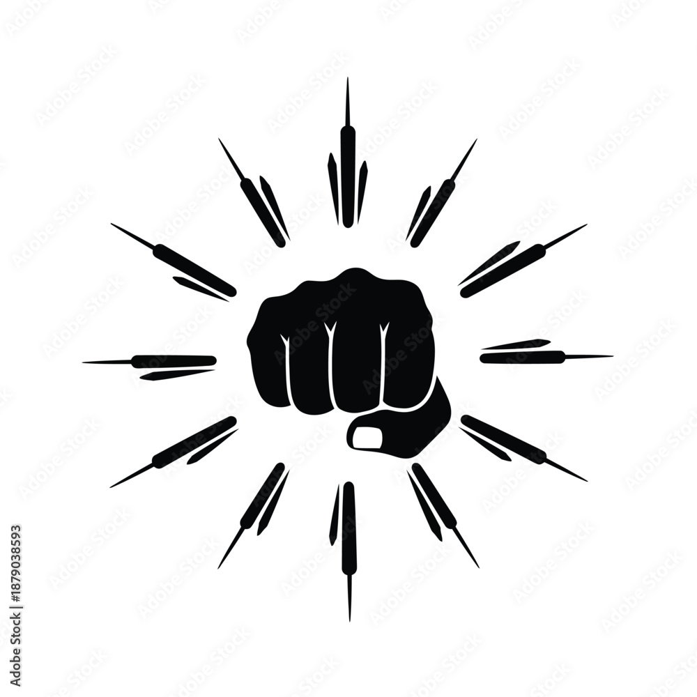 Fototapeta premium Vector illustration icon a black fist surrounded by multiple pens and pencils on symbolizing creative protest or activism through writing and drawing