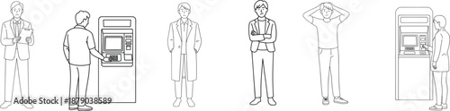 People line illustration set using ATM machine, standing male characters, daily life situations, banking concept, black and white outline style