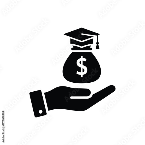 Vector illustration icon a black and white icon of a hand holding a money bag with a graduation cap on top symbolizing education funding or student loans