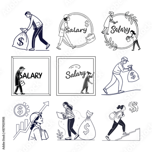 Salary and Finances Illustration Set: A series of evocative illustrations depicting the financial journey and the pursuit of income, highlighting concepts such as salary, earnings.