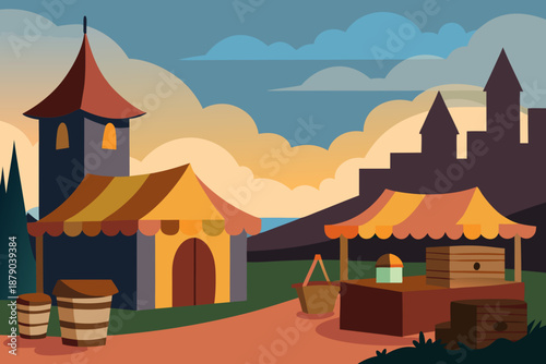 Medieval Village Market in Morning Light