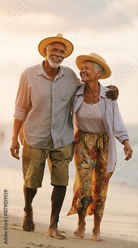 Happy Senior Latin Couple Walking on Tropical Beach During Golden Hour Sunset
