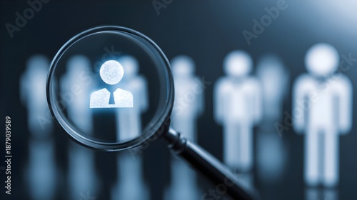 Human resource recruitment concept with magnifying glass highlighting ideal candidate icon. Concept: talent acquisition, headhunting, employee selection, hiring process visualization, workforce manage