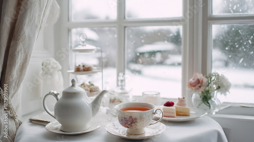 Wallpaper Mural Afternoon tea service with teapot and teacup on a white table, outside a window viewing a snowy winter landscape Torontodigital.ca