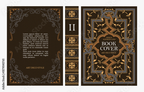 Classic vintage book cover and spine with gold and black art deco, art nouveau ornament, decorative frame, elegant retro style for classic publications, posters, artistic layouts