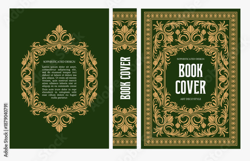 Classic vintage book cover and spine with gold and black art deco, art nouveau ornament, decorative frame, elegant retro style for classic publications, posters, artistic layouts